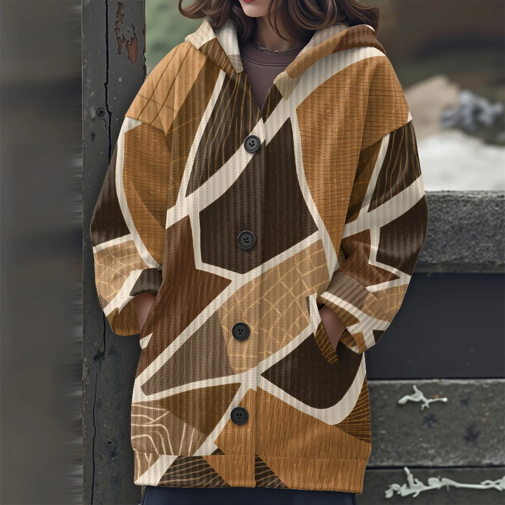 مجردة الهندسة سترة طويلة كتل الألوان الهندسية معطف بقلنسوة 2025 المرأة الجديدة سترة بأكمام طويلة سترة غير رسمية #5