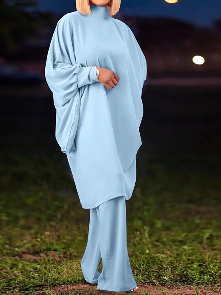 

Loungewear Matching Set Solid Women Spring Autumn Lace-Up Batwing Sleeve Flare Pants Two Pieces Outfit Streetwear Dropshipping