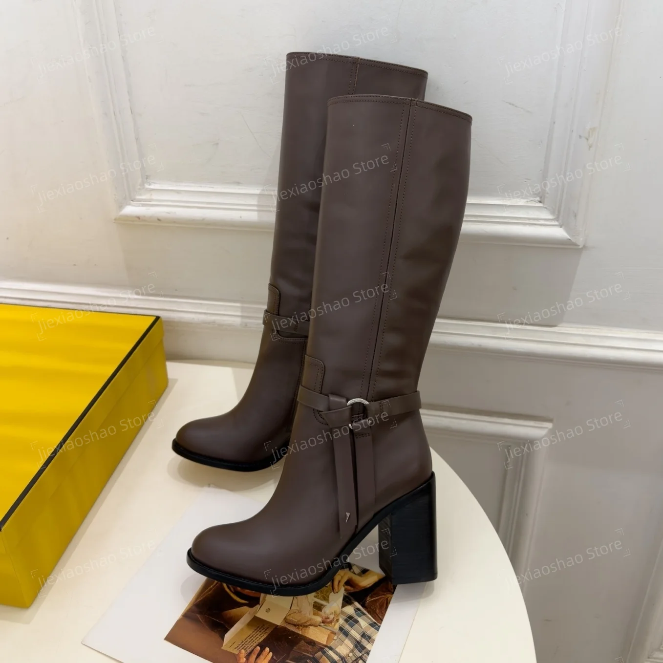 Autumn Winter Genuine Leather Round-Toe Chunky Heel Knee High Boots Woman Knight Boots Belt-Buckle Decora Boots Sapato Feminino