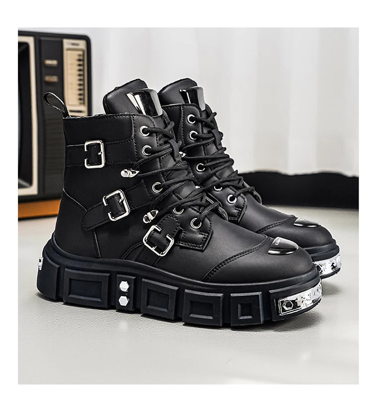 Herren-Streetwear-Stiefel in Uni-Farbe, High-Top, mit Metallschnalle, im Punk-Stil, Motorradstiefel – Detail 18