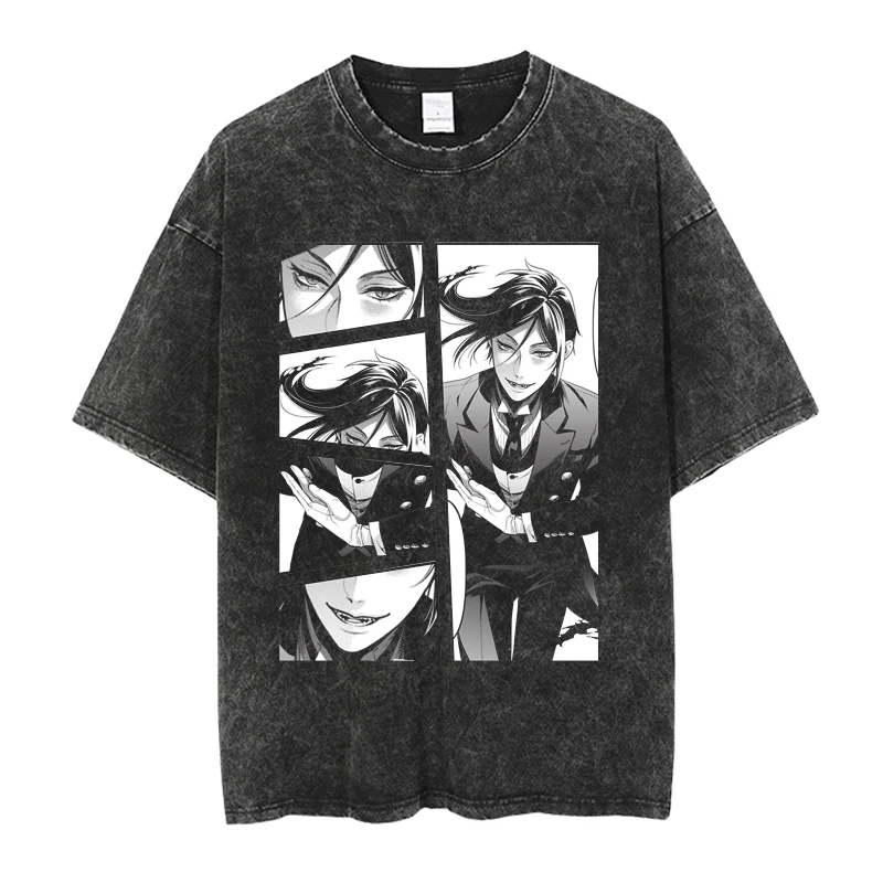 Anime Black Butler Michaelis Sebastian Cool Print Tee Men Women Manga Cotton Tshirts Vintage Washed Tee Harajuku Male T Shirt