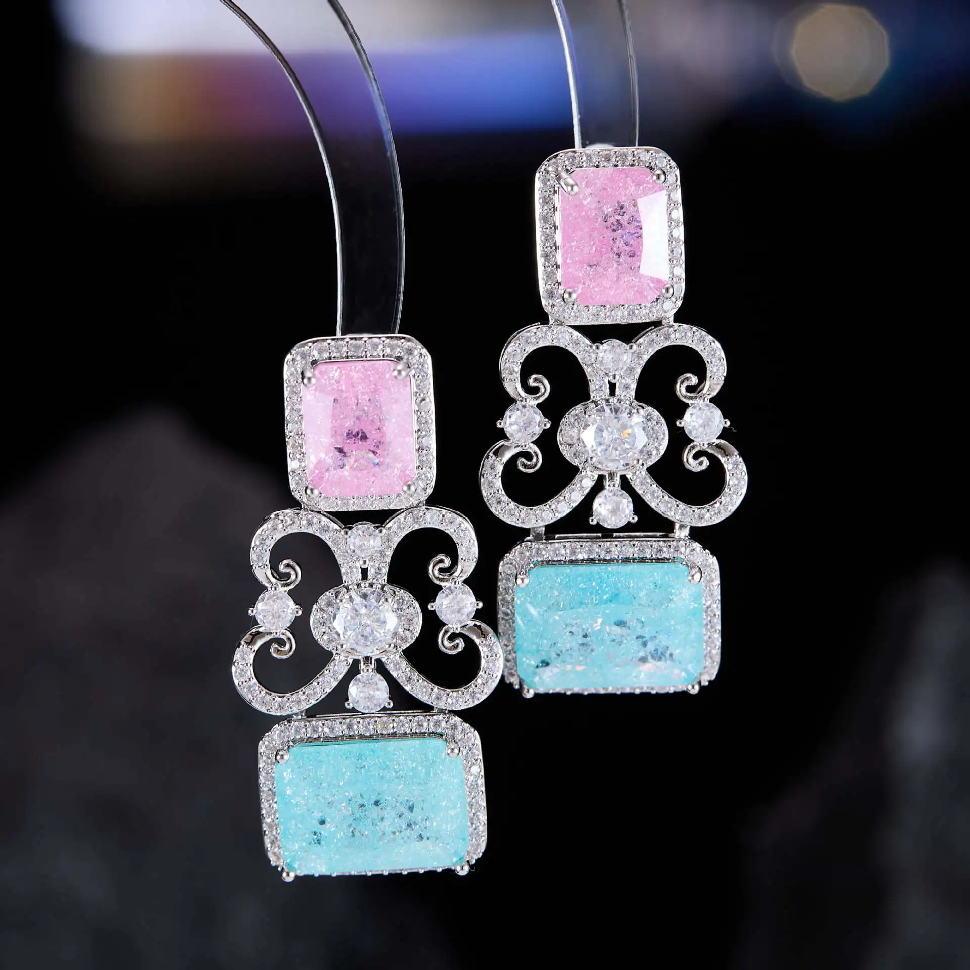 Light Luxury Retro Blue and Pink Cubic Zirconia Earrings for Women's Dinner Party Accessory High-end Long Earrings