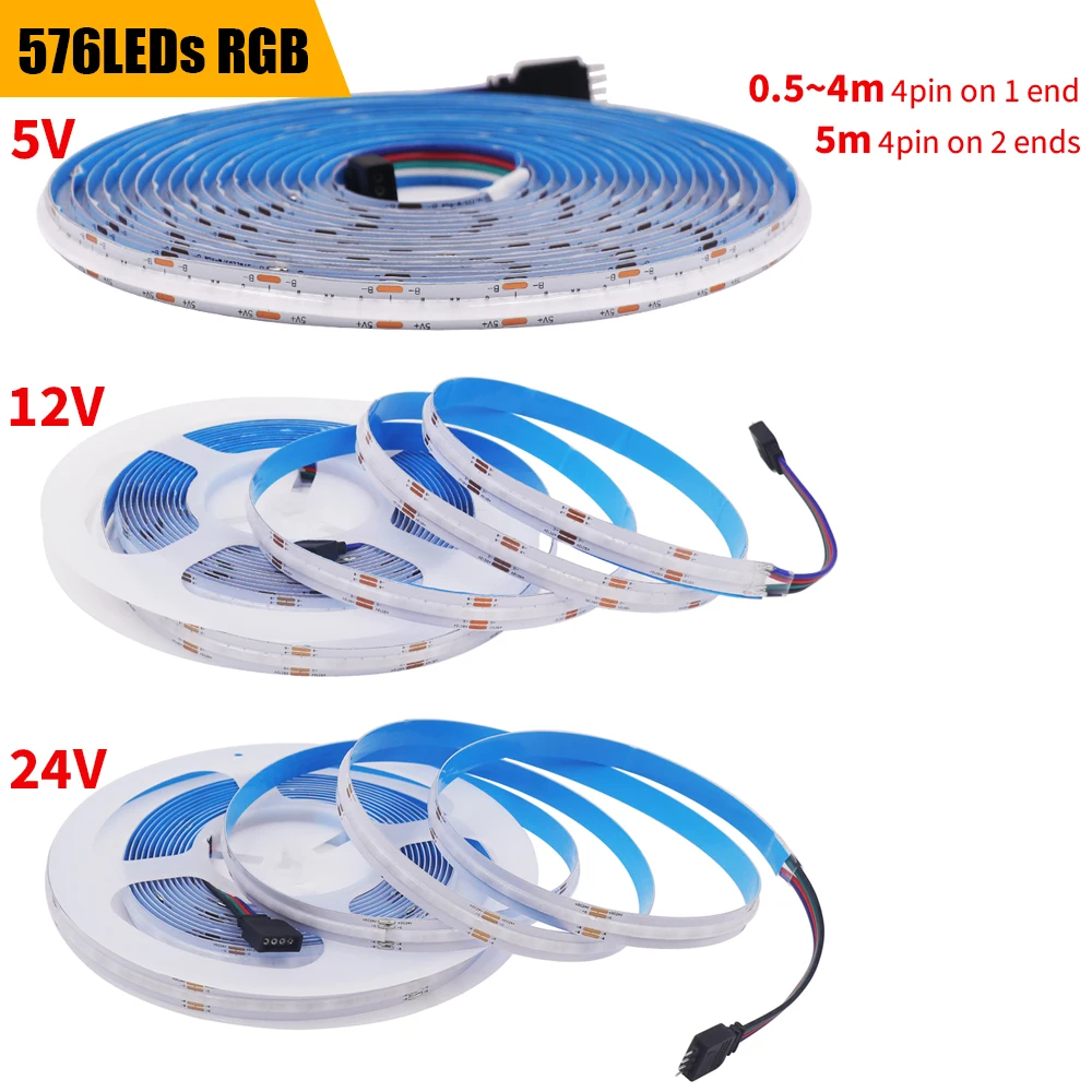 

RGB COB LED Strip Lights High Bright 576LEDs/M Flexible Light Dotless Colorful Tape COB Light Bar for Indoor Decor DC5V/12V/24V