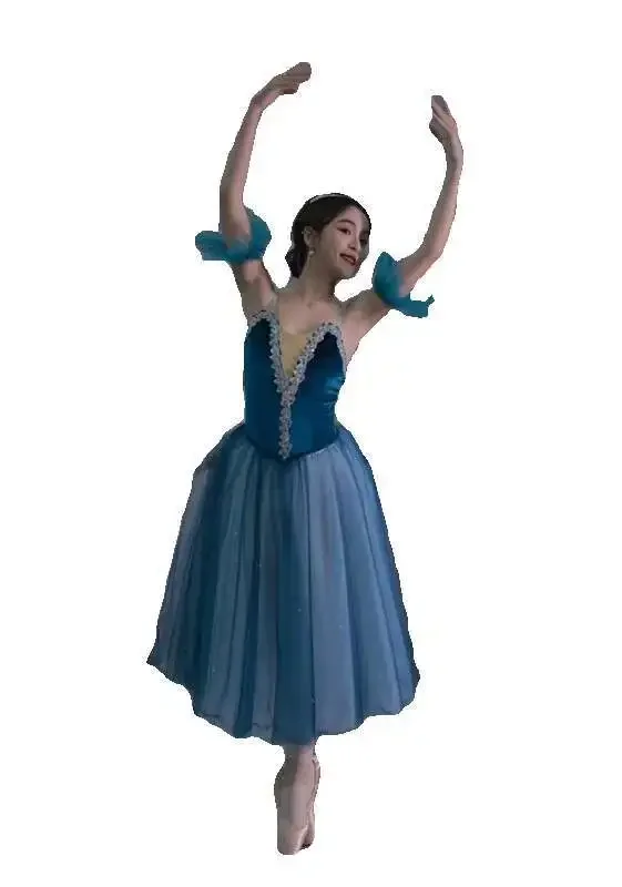 전문 발레 스커트, 성인 대회 댄스 의상, 네이비 블루 어린이 거즈 긴 푹신한 스커트, 발레