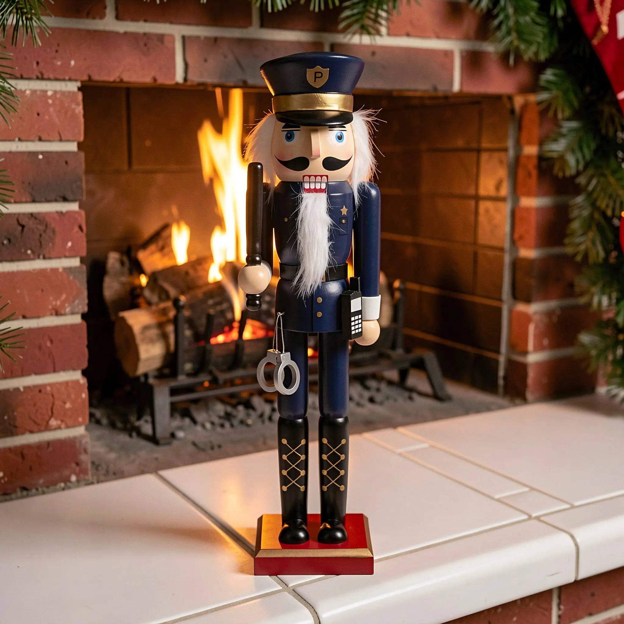Wooden Police Nutcracker Soldier Inch Christmas Table Decor Holiday Shelf Mantel Centerpiece Unique Vintage