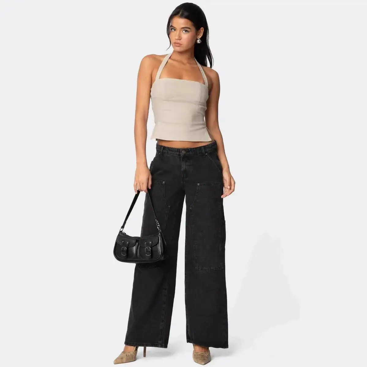 

Wide-leg Silhouette Niche Loose Women's Studded Double-knee Flared Workwear Jeans Casual Straight-leg Pants For Women