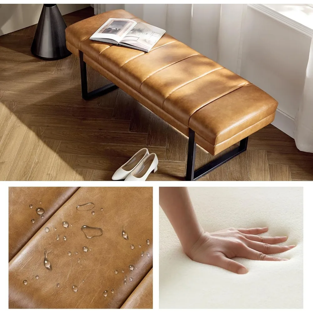 Banco de entrada de couro sintético de 53", banco de cama capitoné com botões, otomano para quarto, sala de estar com base de metal