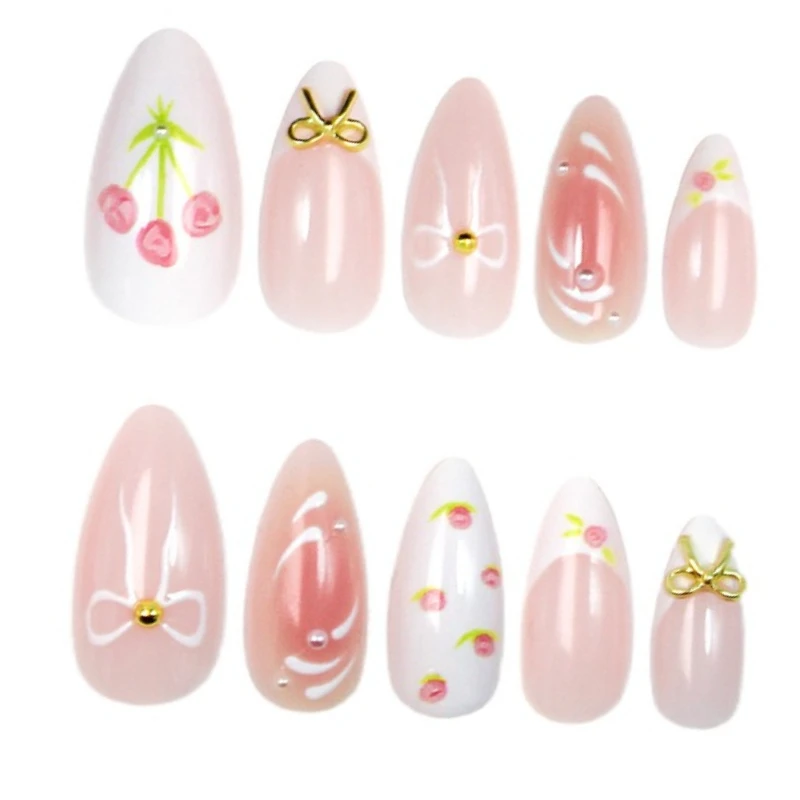 24 قطعة من الأظافر اللوزية المزيفة بريق الأزهار الحلوة مع القوس الماس الأظافر الزائفة الفرنسية تلميح لطيف الوردي القوس القابل للإزالة اضغط على الأظافر 가ğazh Vamos Тops #1