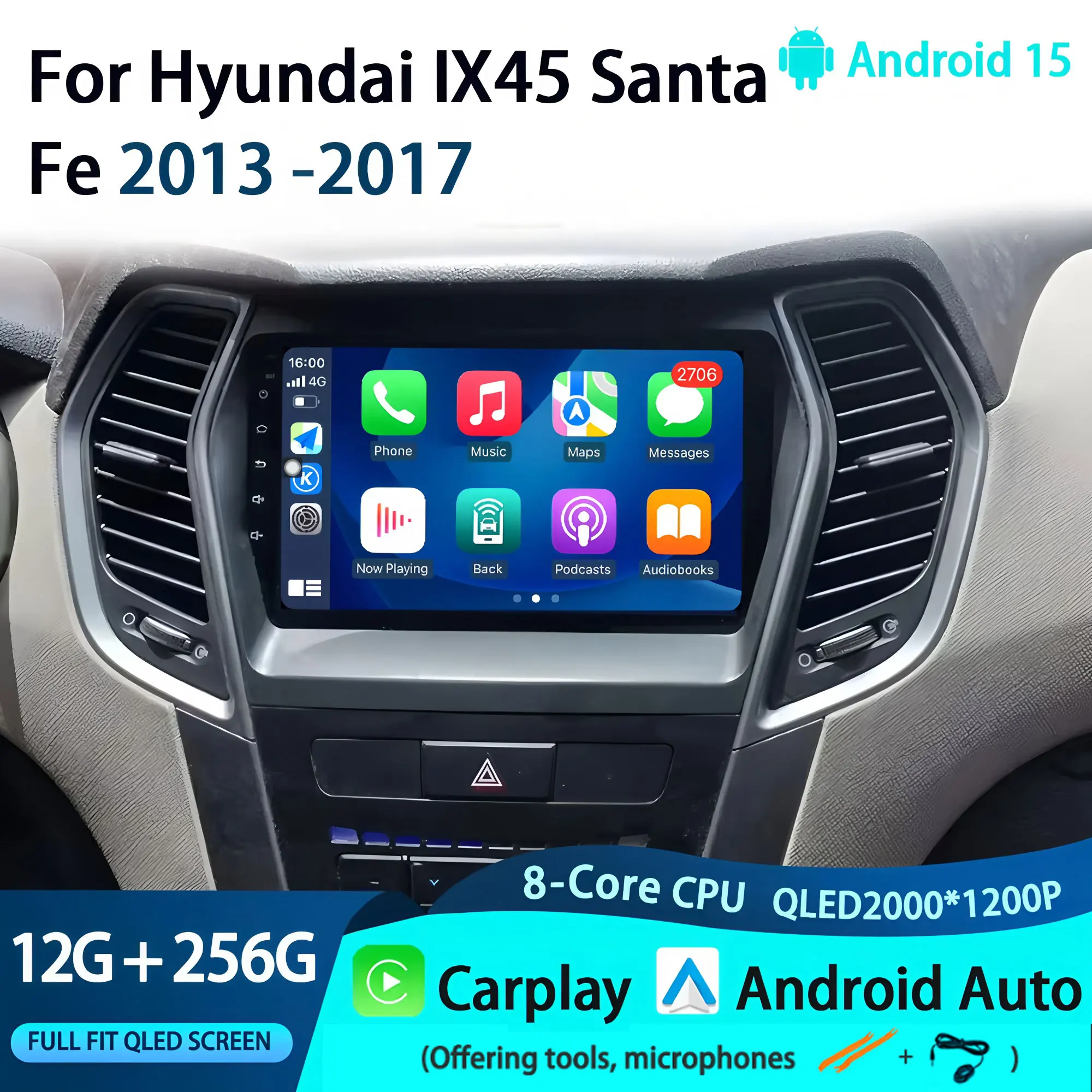 

Car Radio Android 15 For Hyundai IX45 Santa Fe 2013 -2017 GPS Carplay Multimedia Player Navigation Stereo Auto DSP