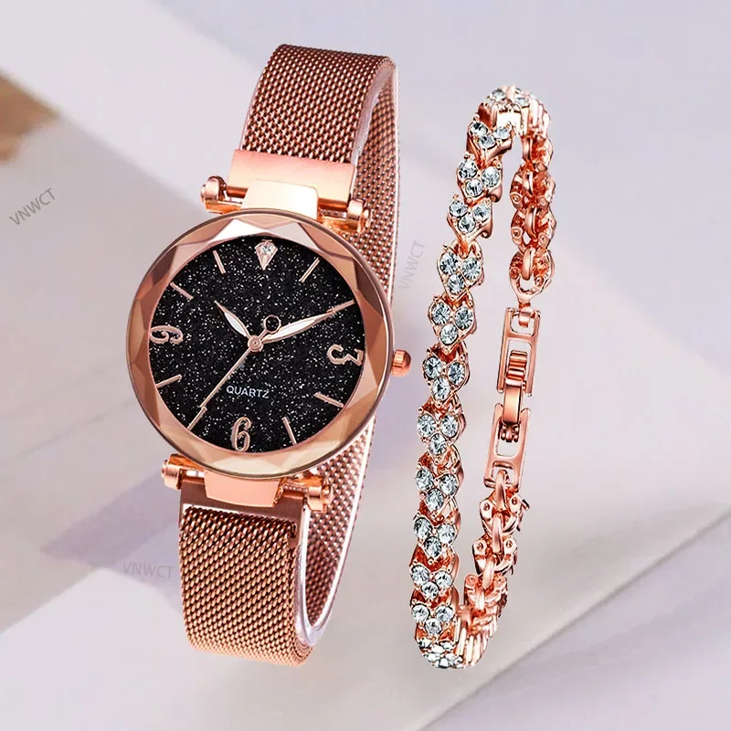 Women Watches Starry Sky Watch Fashion Heart-shaped Bracelet Gold Ladies Wristwatch Luxury Female Diamond Watch Set