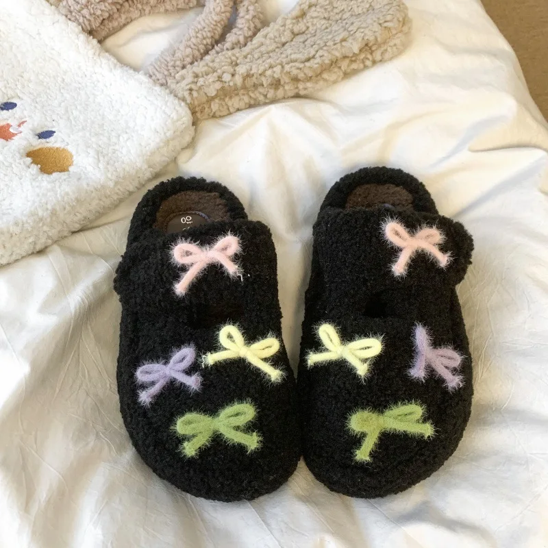 

Cute Bow Furry Slippers for Women's Outerwear 2025 Autumn/Winter New Fashionable and Versatile Thick-soled Warm Flip-flops，35-40