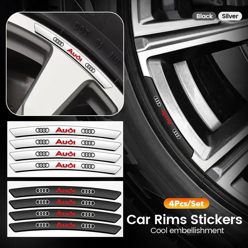 4Pcs AUDI Wheel Hub Stickers Wheel Rims Aluminium Decoration Strips For Audi Quattro A3 A4 A6 A5 Q5 A1 Q7 Q3 Q2 Q8 A7 A8 TT S1