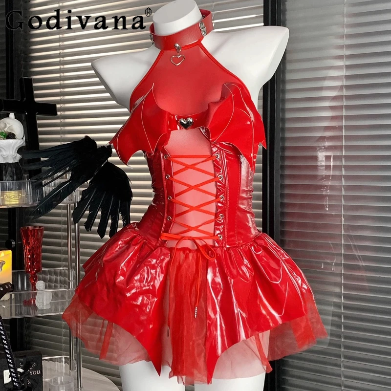 Сексуальная глянцевая ночная рубашка с кожаным ремешком, женская ночная рубашка с открытой шеей и суккусом, перспективное платье для косплея, женское вечернее платье на Хэллоуин