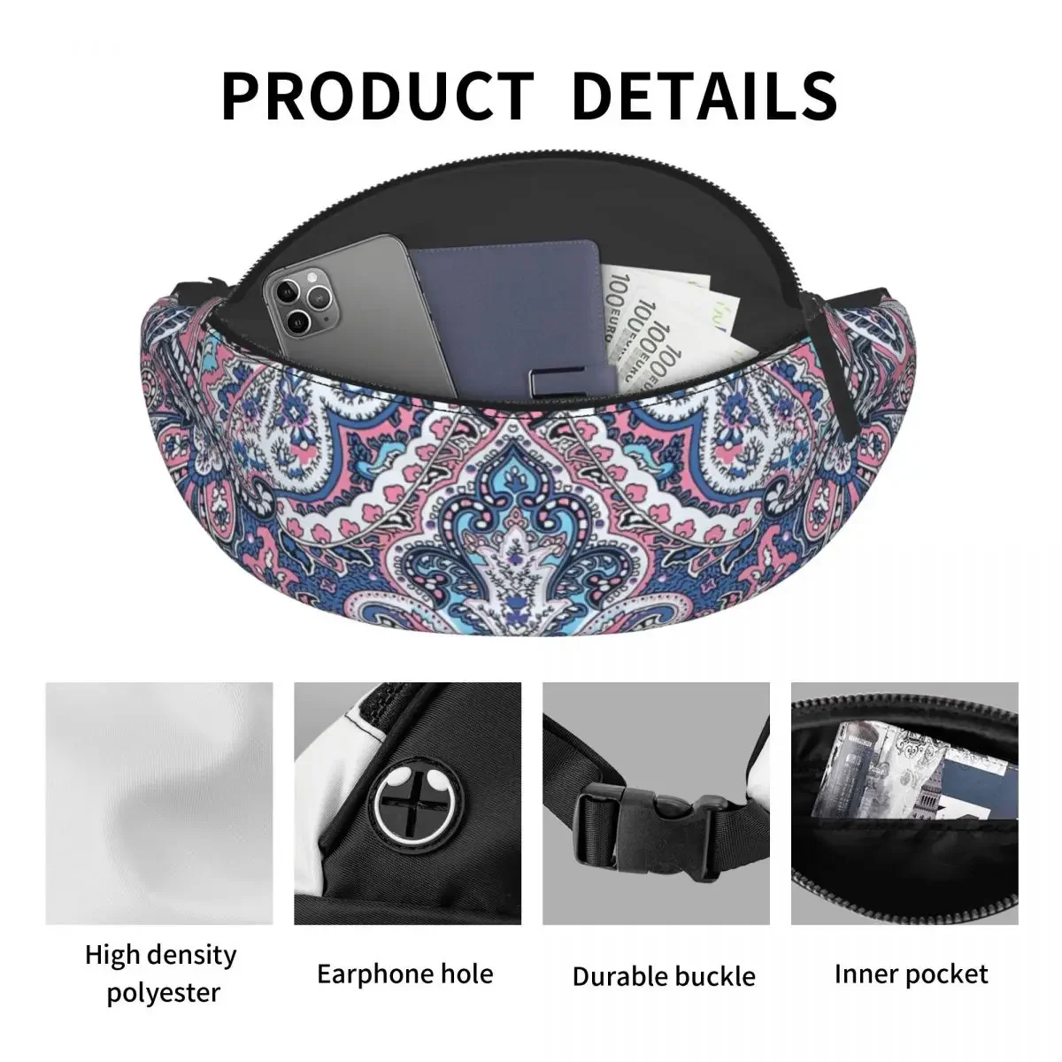 Cool Desert Rose And Blue Paisley Fanny Pack Women Men Boho Floral Art Crossbody Waist Bag for Traveling Phone Money Pouch