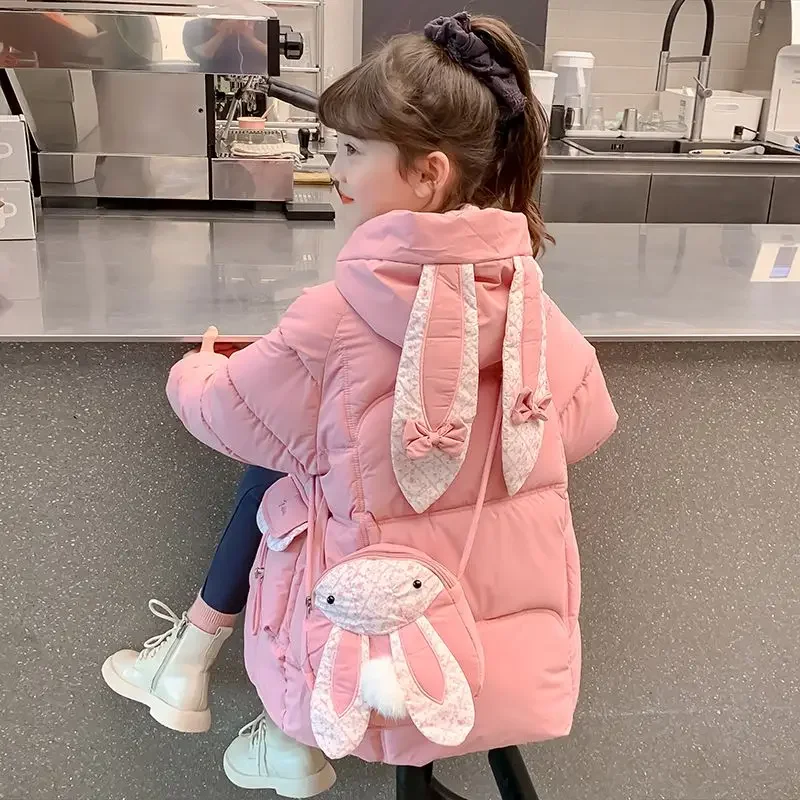 Girls' Winter Down Jacket 2025 New Design Thickened Long Coat with Bunny Ears Kids Cotton Winterwear