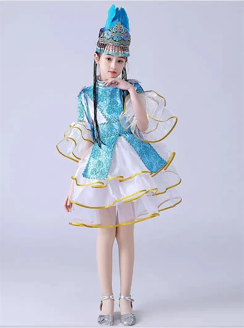 Blue Kazakhstan National Dance Dress For Girl Xinjiang Minority Costumes With Headwear Princess Cosplay Festival Gifts