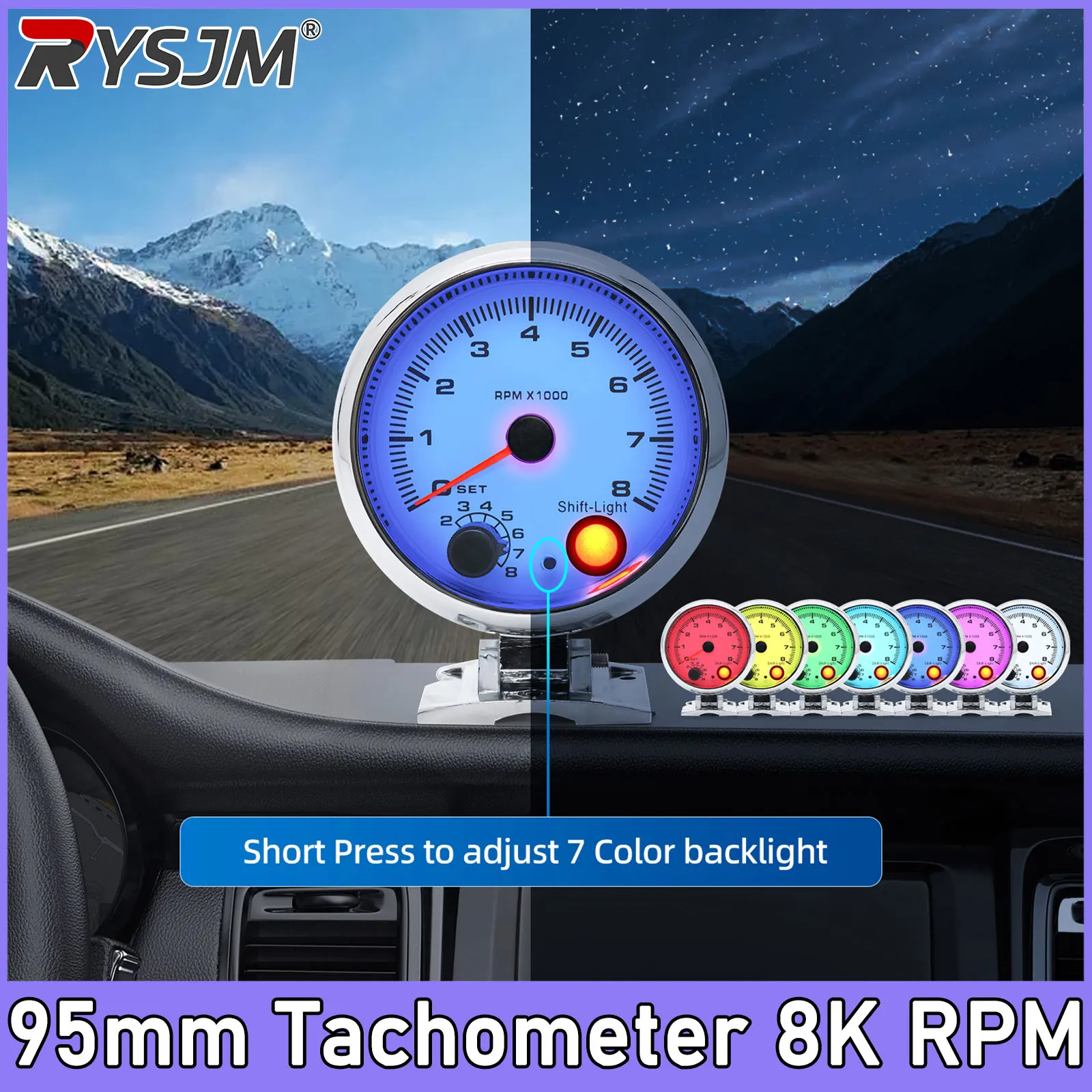 3.75inch 95mm White Electrical Tachometer RPM Gauge With Internal Shift Light for 4 6 8 Cylinders Chrome Rim 8000 RPM Meter