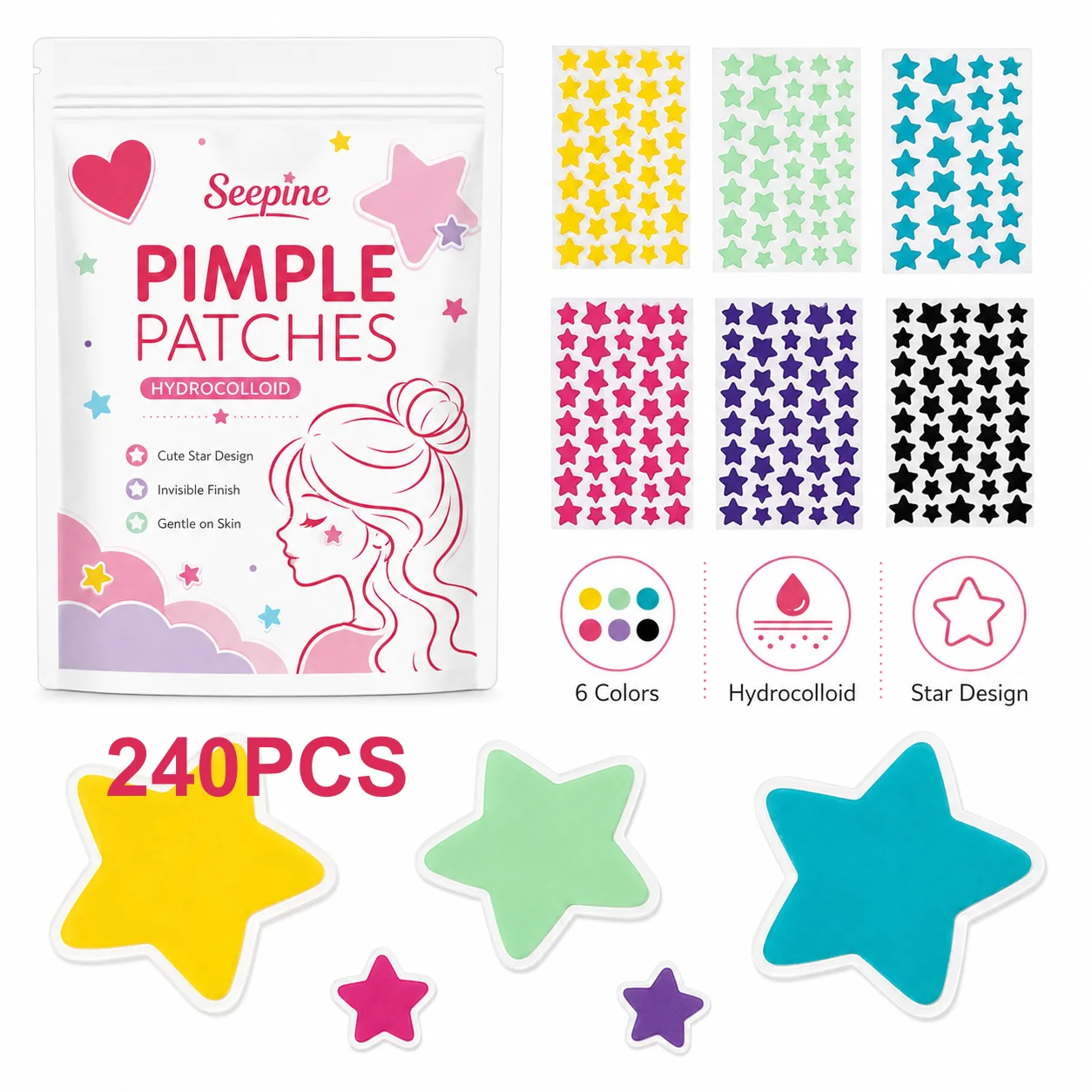 240 Count Patches in 6 Colors, for Facial Coverage, Conceals, Blocks Dust, Powder-Proof, Sweat-Proof, for Decoration, Photos, an