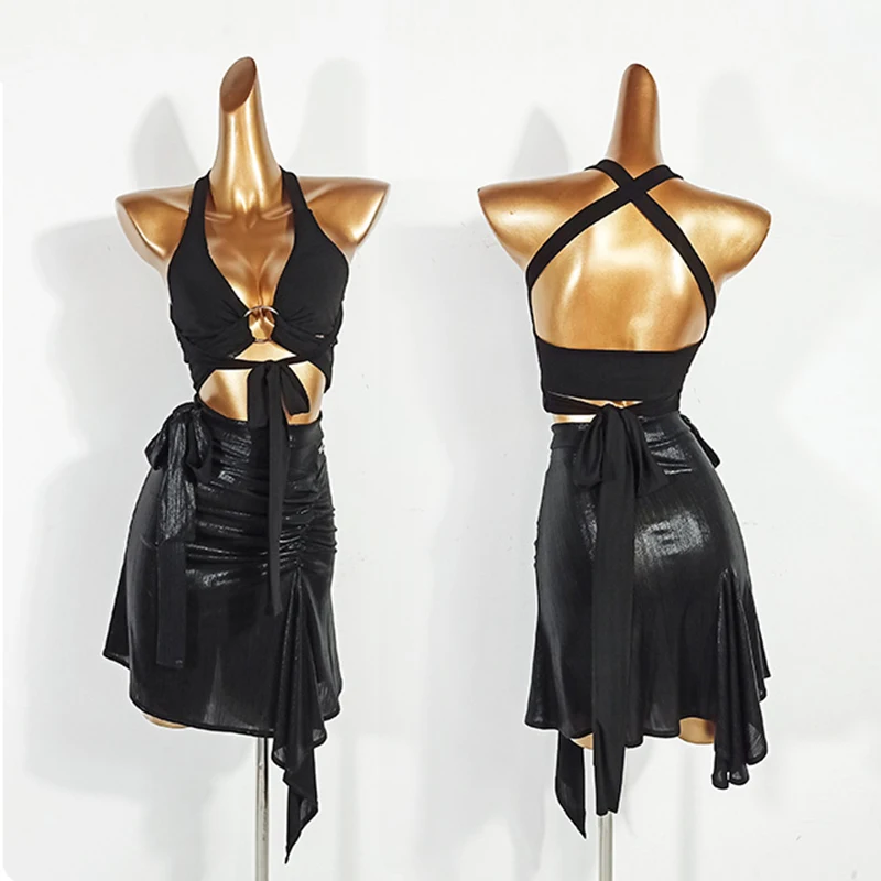 

Летние костюмы для латинских танцев, женский топ с v-образным вырезом, черная юбка нестандартной формы, танцевальная одежда для ча-ча, сальсы, румбы, тренировочная одежда для латинских танцев VDL4255