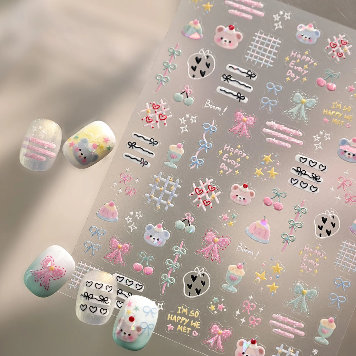 Pegatinas 5D para Uñas con Diseño de Oso Rosa y Azul, Postres, Pasteles, Pudín, Bastones de Caramelo, Corazones y Eslóganes en Inglés, Calcomanías en Relieve de Oso Bebé Adorable para Fiestas