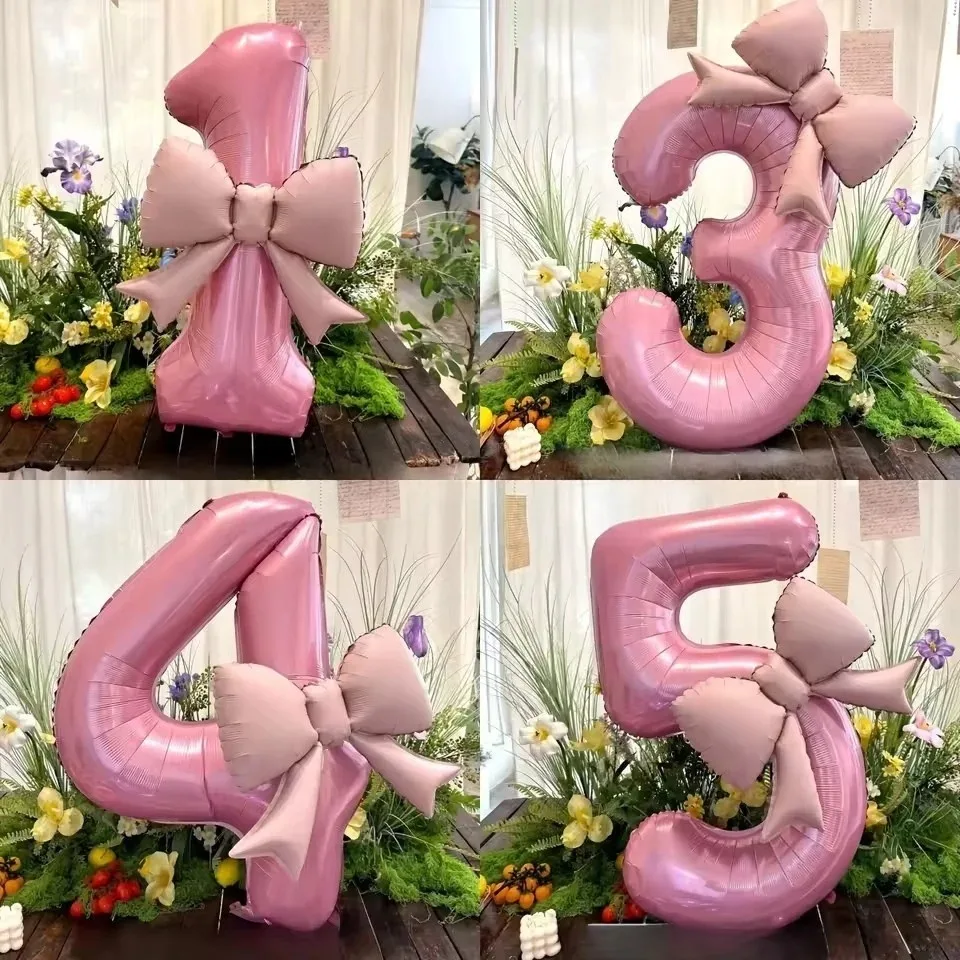 Globos de Aluminio con Número del 0 al 9 de 40 Pulgadas, Color Rosa, con Lazo, para Mujeres y Niñas, Bodas, Cumpleaños, Accesorios para Fotos