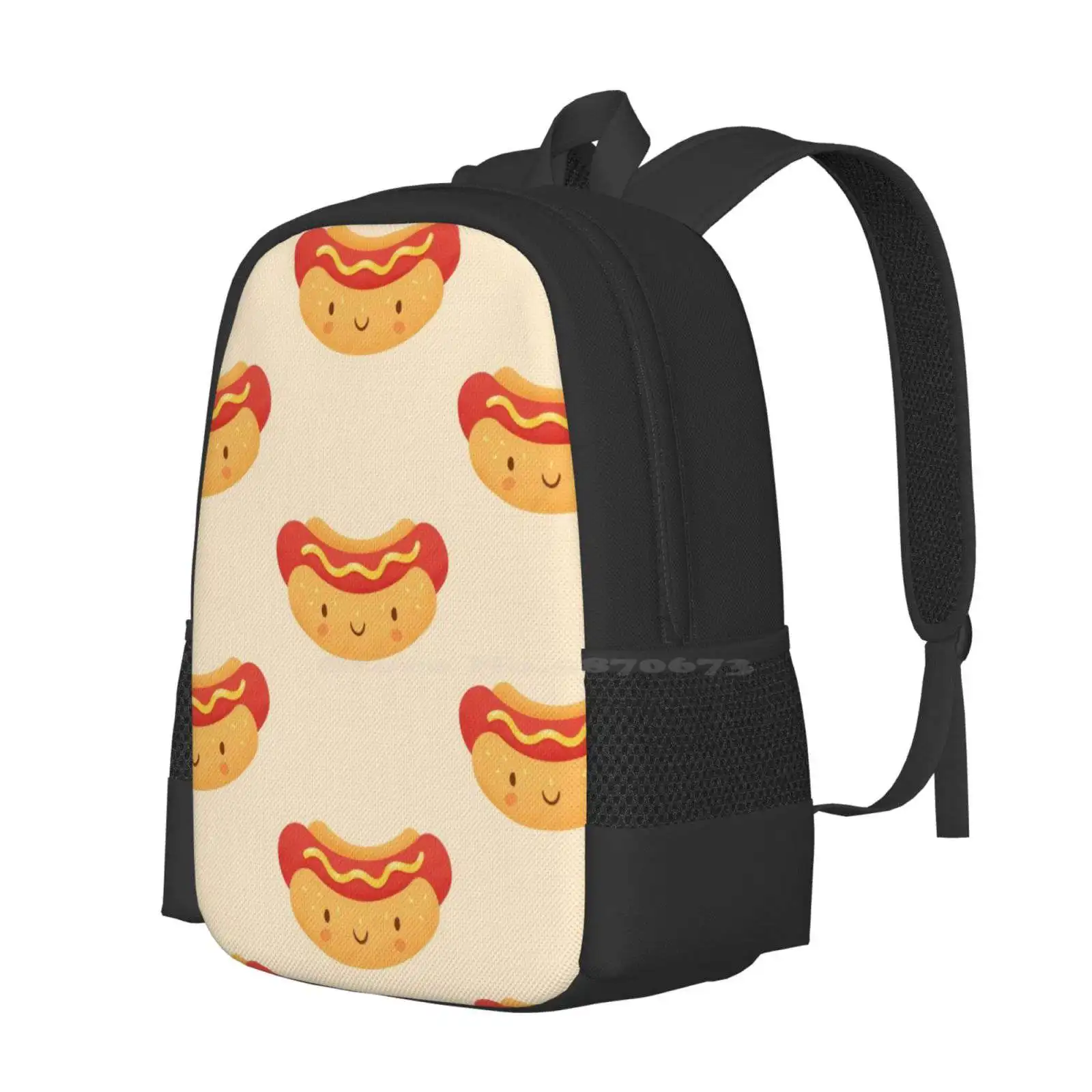 Happy Hot Dog Hot Sale Schoolbag Backpack Fashion Bags Hot Dog Kawaii Eat Diet Yummy Nomnom Cute Happy Smile Funny Food Puns