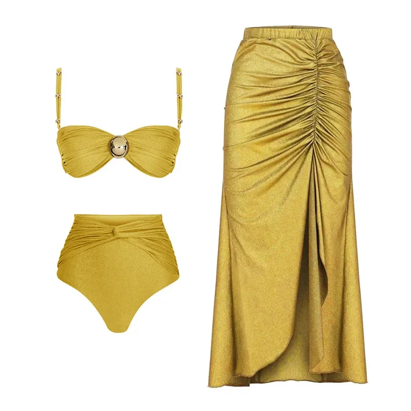 

Solid Yellow High Waist Bikini Set Cover Up Swimsuit for Women Push Up Halter Three Pieces Swimwear 2024 Beach Bathing Suits