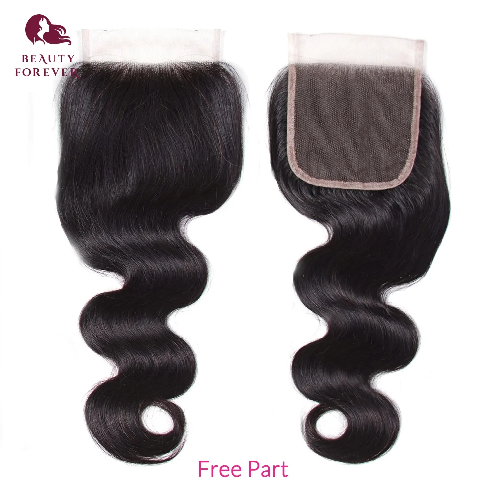 Bundles brésiliens de cheveux humains vierges avec fermeture, cheveux humains vierges, partie libre et centrale, 3 parties, 4*4