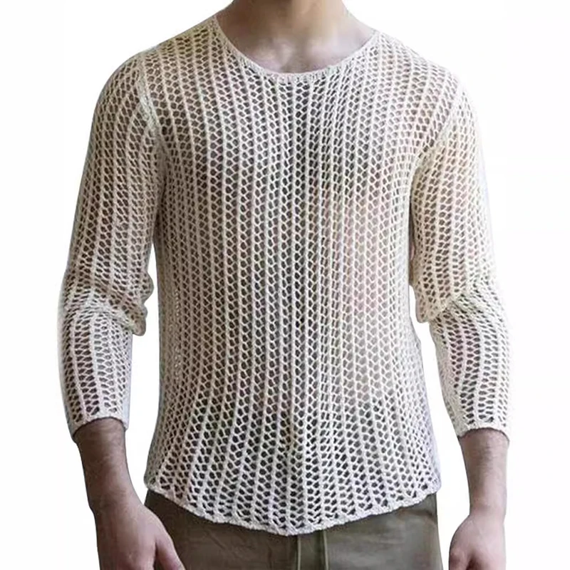 Mens Long Sleeve Mesh Sweater Pullover Transparent Sexy Sweatshirts Clothing Streetwear Hollow Out Knitted Street Party Costumes