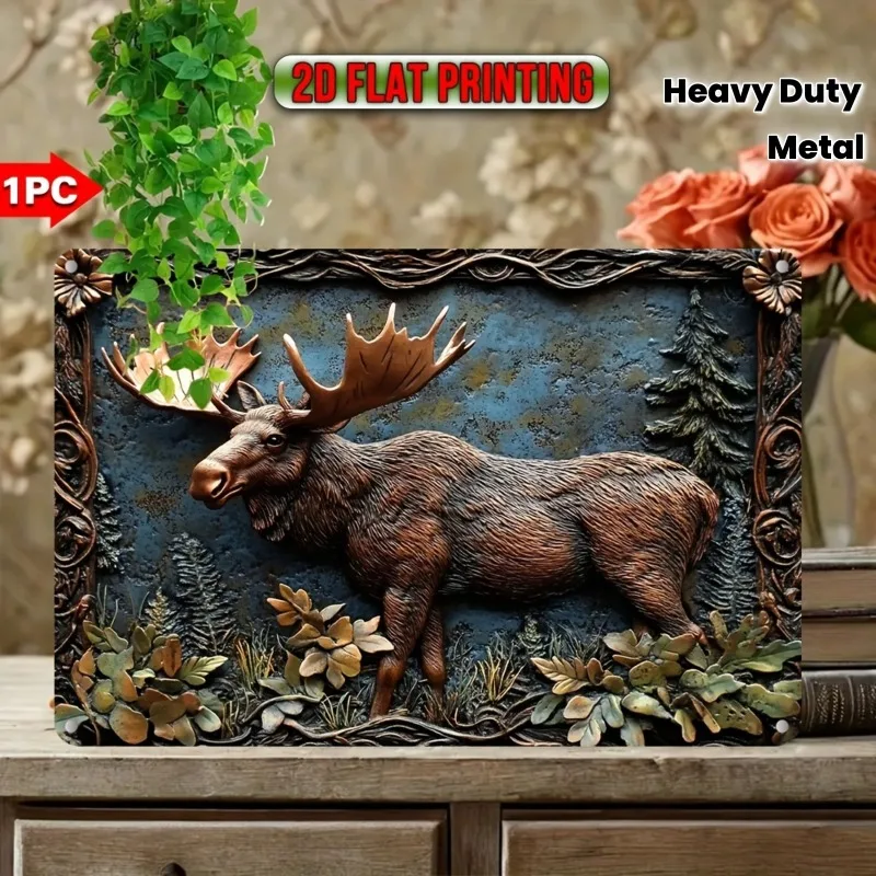 Décoration murale en aluminium en forme de tête de cerf 2D, grande taille, style rustique vintage, d