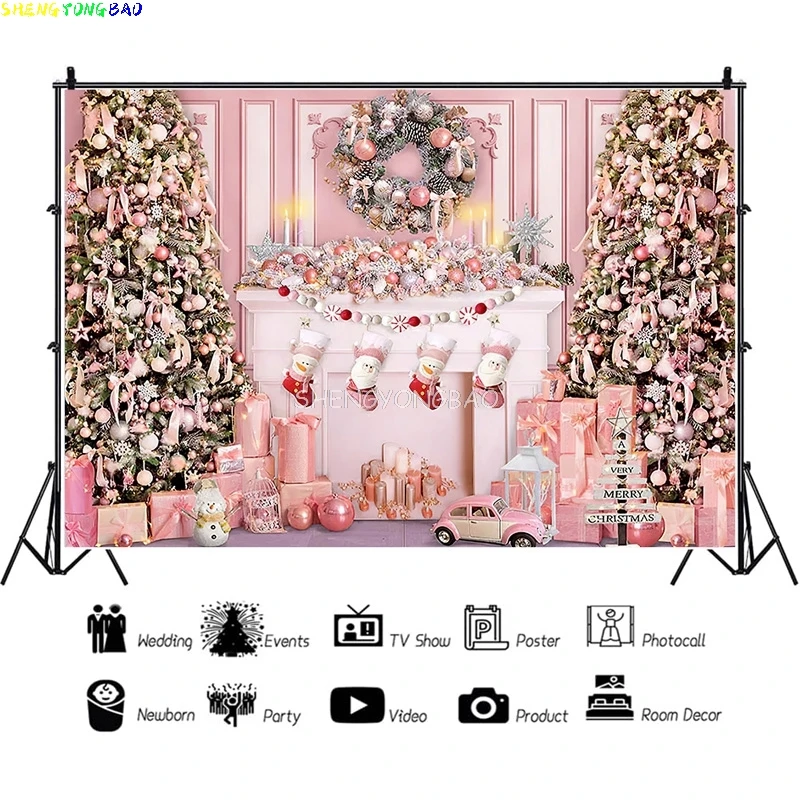 Vinyl Custom Christmas Tree Window Wreath Photography Backdrop Wooden Doors Snowman Cinema Pine New Year Background Prop TNB-05