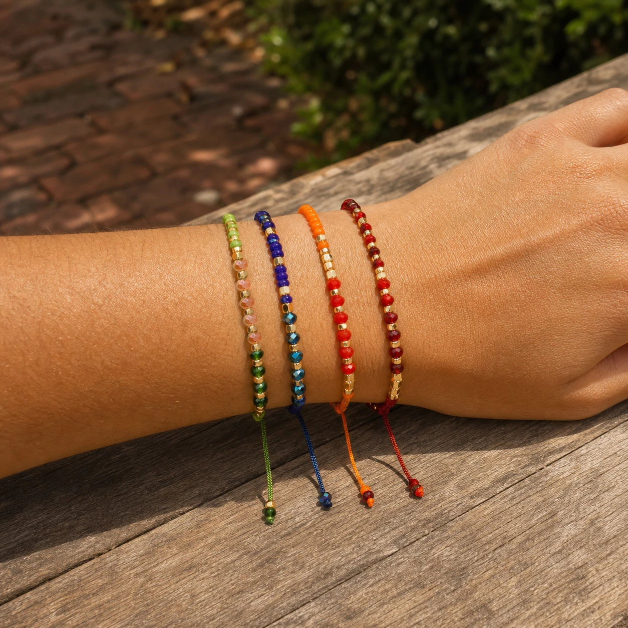 4pcs Colorful Round Glass Beaded String Bracelet Adjustable Tie Cord Boho Stackable Bracelet for Women and Men Summer Style