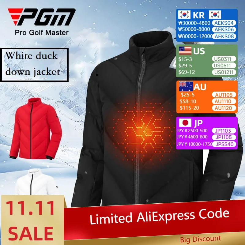 

PGM Golf Мужская теплая куртка Утолщенное белое пальто на утином пуху Водонепроницаемая спортивная куртка с воротником-стойкой Мужская ветрозащитная верхняя одежда