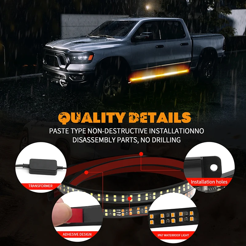 2Pcs Car Led Side Light Bar Signal Warning Lamp Emergency Strobe Light Pickup Taillight Truck Atmosphere Light 12-24V Waterproof