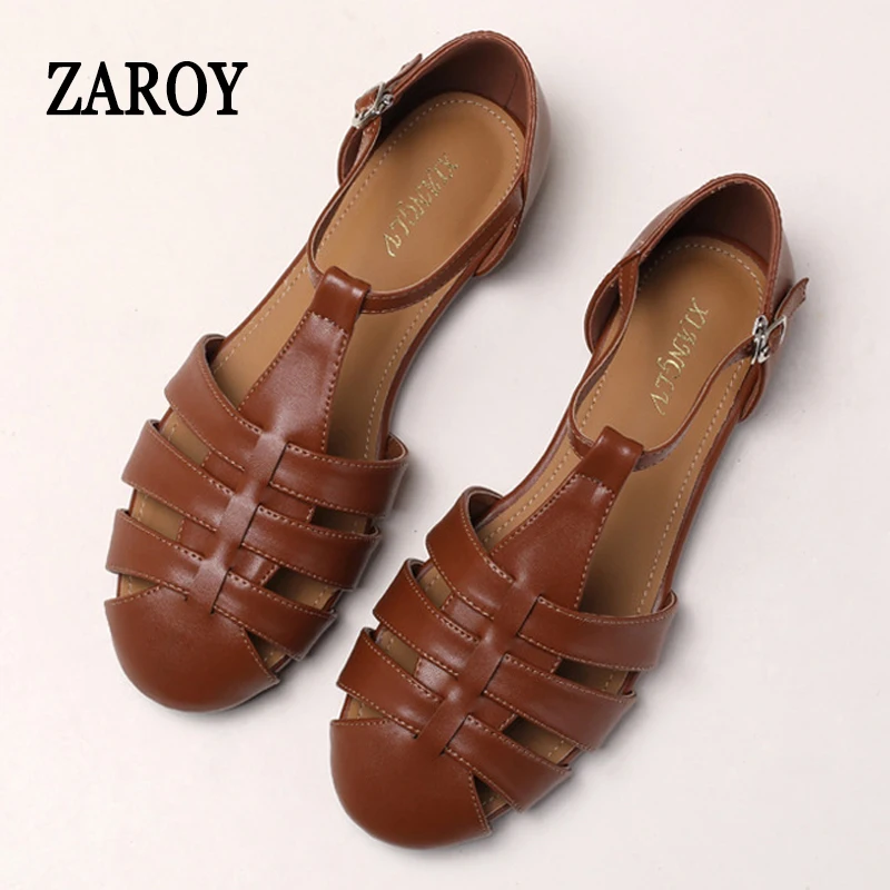 ZAROY Big Size 44 Flats Gladiator Sandals Women PU Leather Ankle Buckle Hollow Roman Sandals Casual Daily Flat Sandalias сан - Image 2