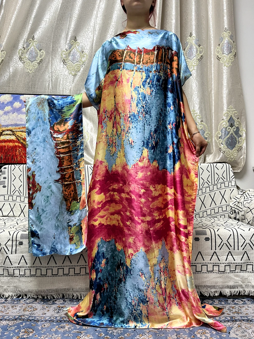 Muslim Abayas For Women Fashion Sets With Turban Belt  Hijab Printed Silk Oil Painting Design Silk Loose Femme Robe Party Dress