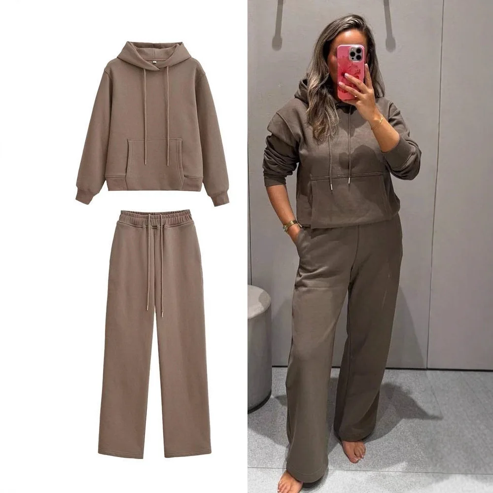 ชุดเซ็ตเสื้อฮู้ดสปอร์ตแขนยาวสำหรับผู้หญิง สไตล์ลำลองแฟชั่นฤดูใบไม้ร่วงใหม่ พร้อมกางเกงมีเชือกผูกเอว