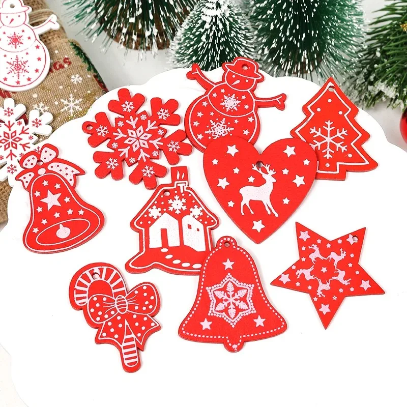 10Pcs Wooden Christmas Decorations Snowflake Bells Elk Star Xmas Christmas Tree Pendant for Home Decor Navidad 2025 DIY Ornament