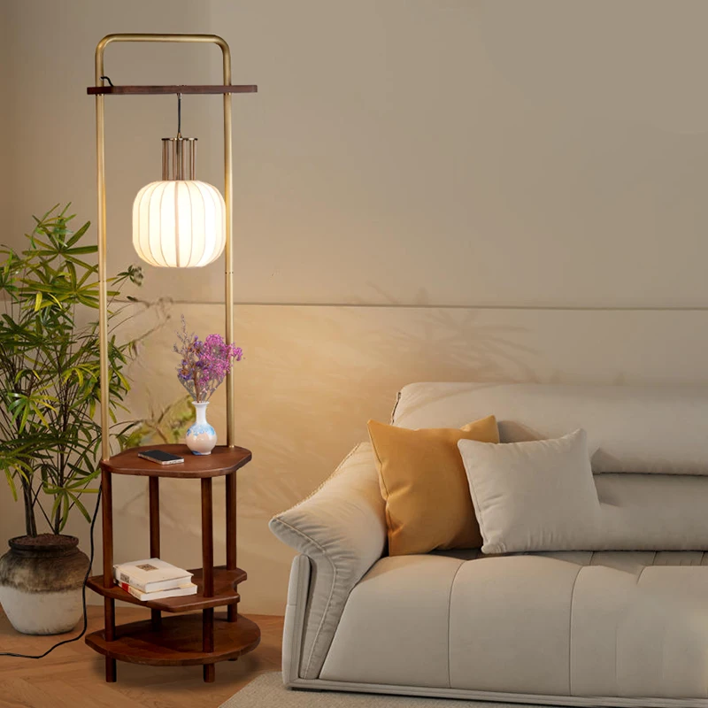 

Brass solid wood floor lamp shelf integrated living room sofa corner atmosphere bedroom study tea room