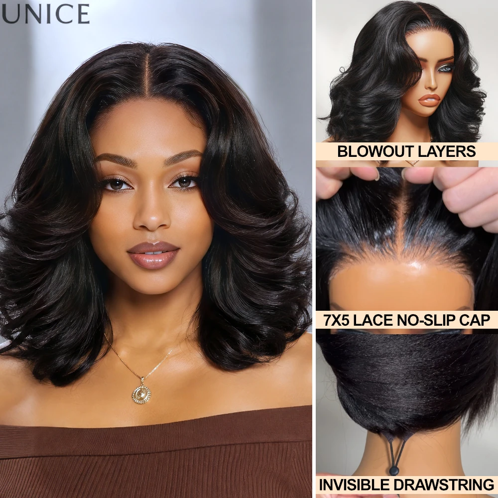 UNice Bye-Bye Slip 7x5 Lace Layered Blowout Wavy Bob Wig Human Hair Pre Plucked Pre Cut Pre Bleached Glueless Wig Ready to Wear