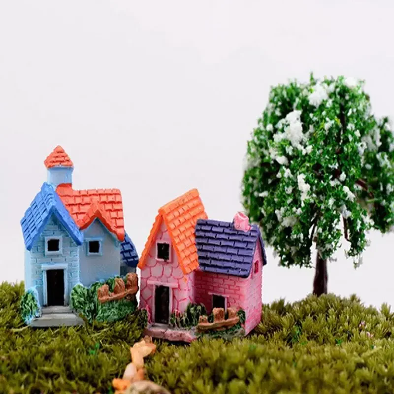 4pc Mini Small House Cottages DIY Toys Crafts Figure Moss Terrarium Fairy Garden Ornament Landscape Decor Random Color Dollhouse