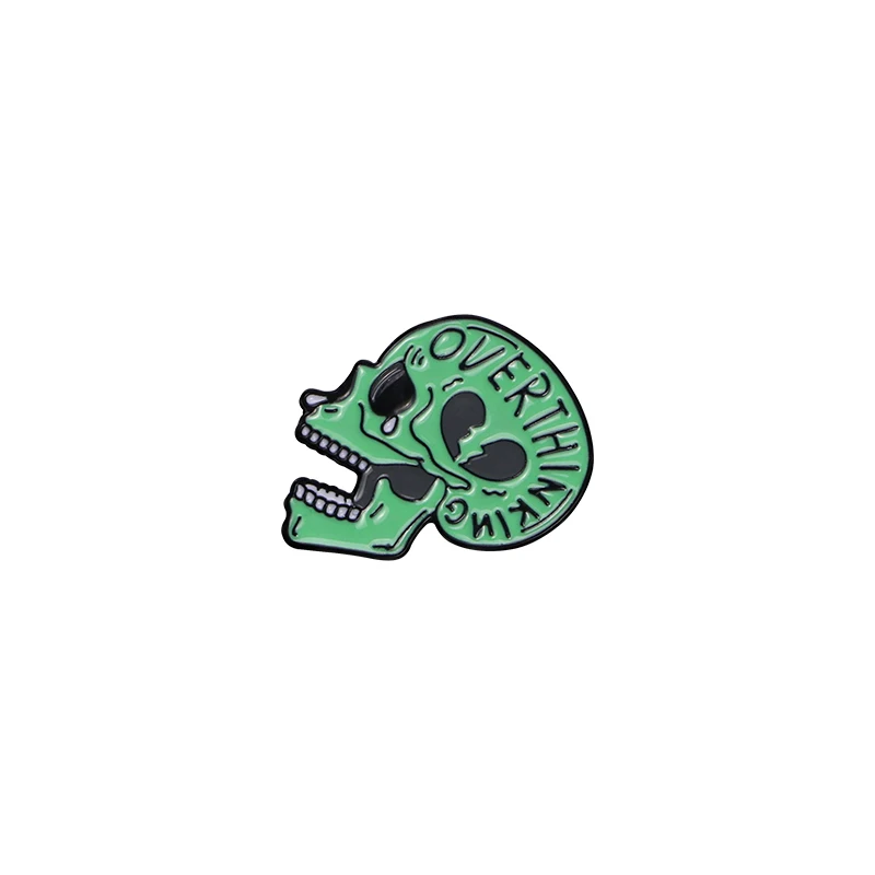 Funny Horrible Overthinking Skull Pins Green Death's Head Broken Heart Pattern Enamel Brooches