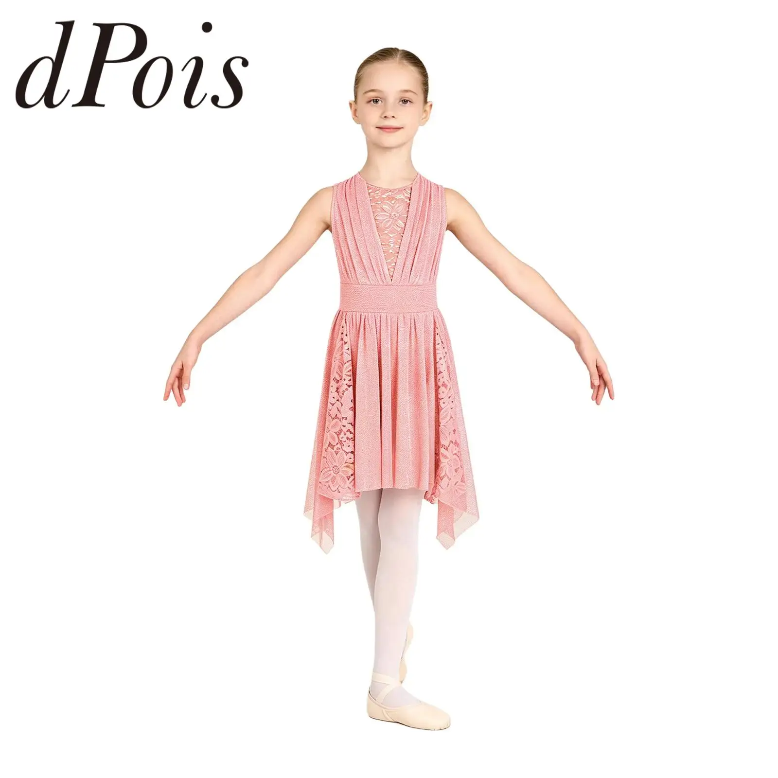 Kids Girls Lyrical Dance Costume Floral Lace Ballet Dress Sleeveless Shimmery Mesh Dress for Performance Dancewear Skating Dress