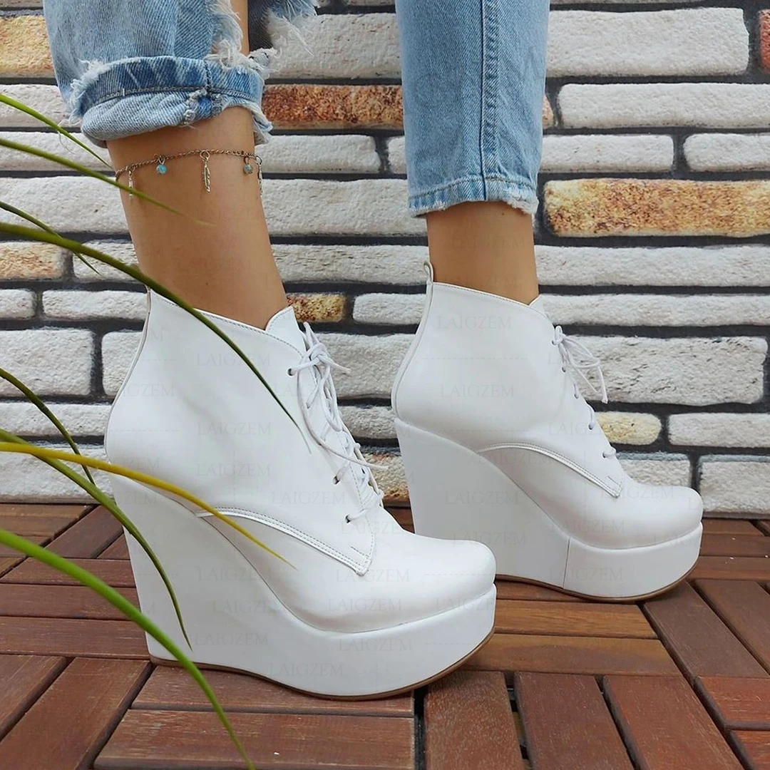 SEIIHEM Women Ankle Boots Platform Wedges Lace Up Botas Mujer Short Boots Female Handmade Shoes Woman Plus Big Size 41 45 50 52