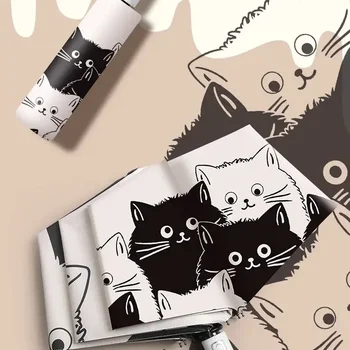 간단한 만화 새끼 고양이 인쇄 흑백 자동 우산, 맑은 날 비 이중 용도 UV 차단 우산, 1 개 