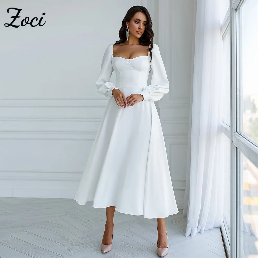 

Zoci Elegant Long Sleeves Wedding Dresses Tea Length Satin Bride Dress Customized Sweetheart Backless Beach Bridal Party Dress