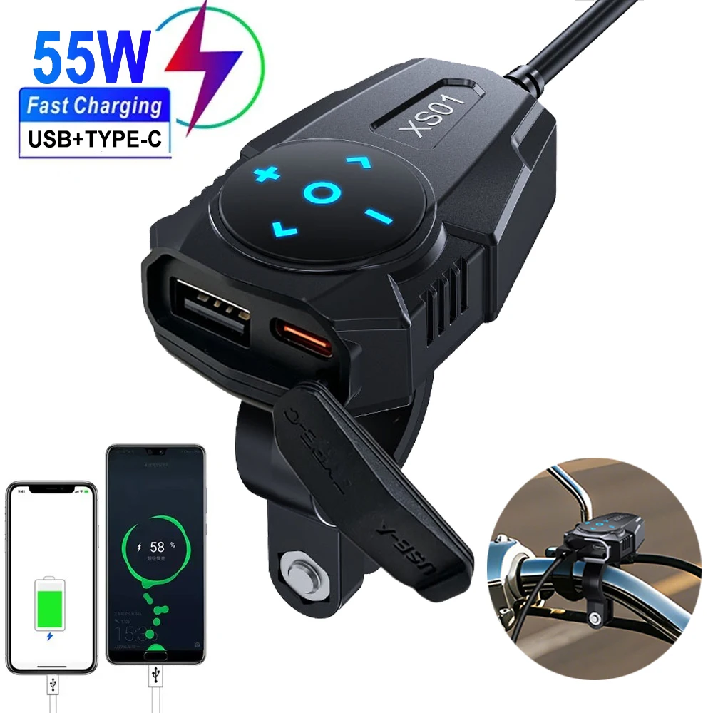 55W PD QC3.0 Motorrad-Lenker USB-Schnellladegerät Dual-USB-Buchse mit Bluetooth-Fernbedienung Wasserdichter 12V-Stromadapter