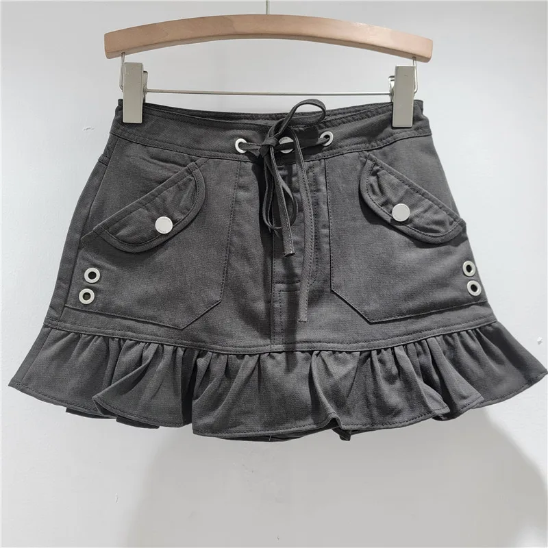 تنورة صغيرة بحاشية مكشكشة | تنورة قصيرة برباط على شكل حرف A عالية الخصر، طراز ريترو منفعل #3