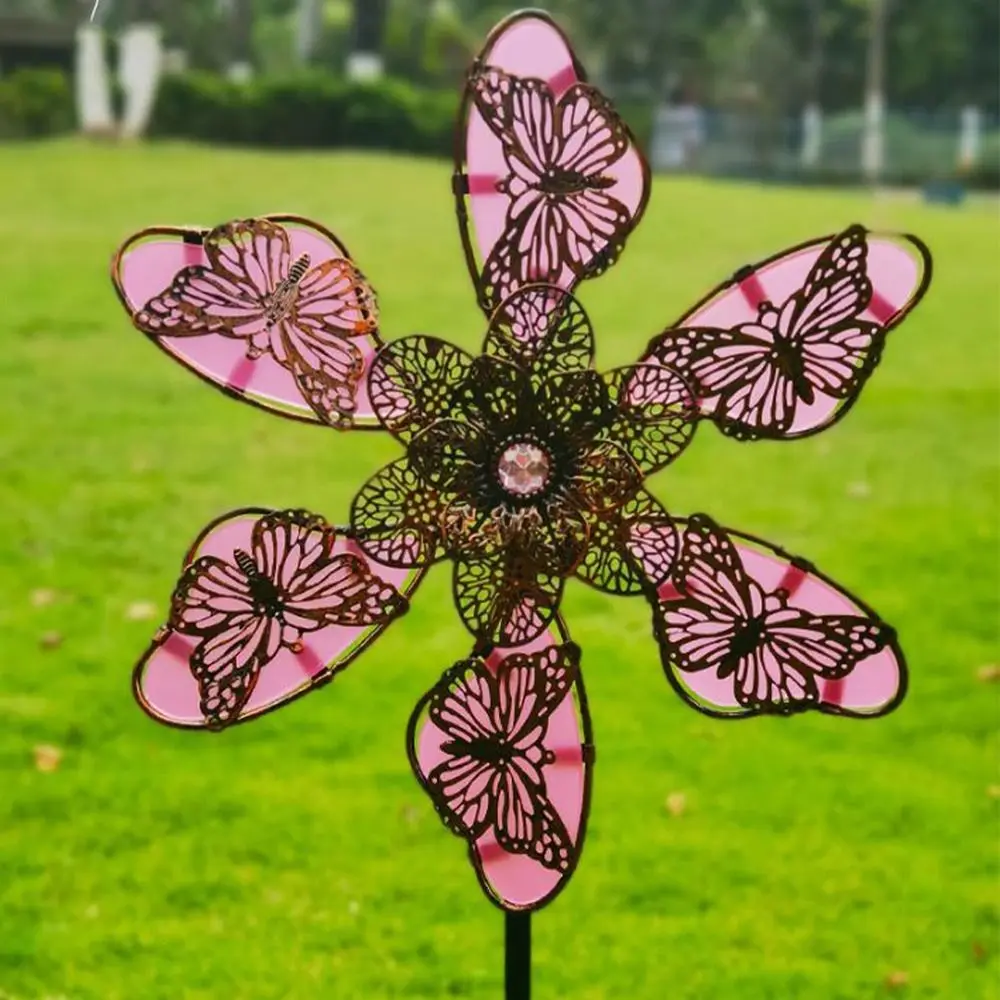 

Metal Windmill Spinner Sculpture Luminous Effect Rotating Gardening Plug Butterfly Pattern Wind Rotator Yard