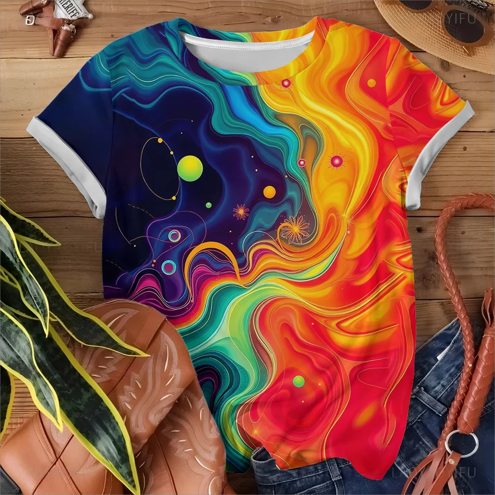 

3D Printed Abstract Full-color Wave Art Women's Casual Fashionable Comfortable Color Blocked Gradient Short Sleeve Y2k Tops